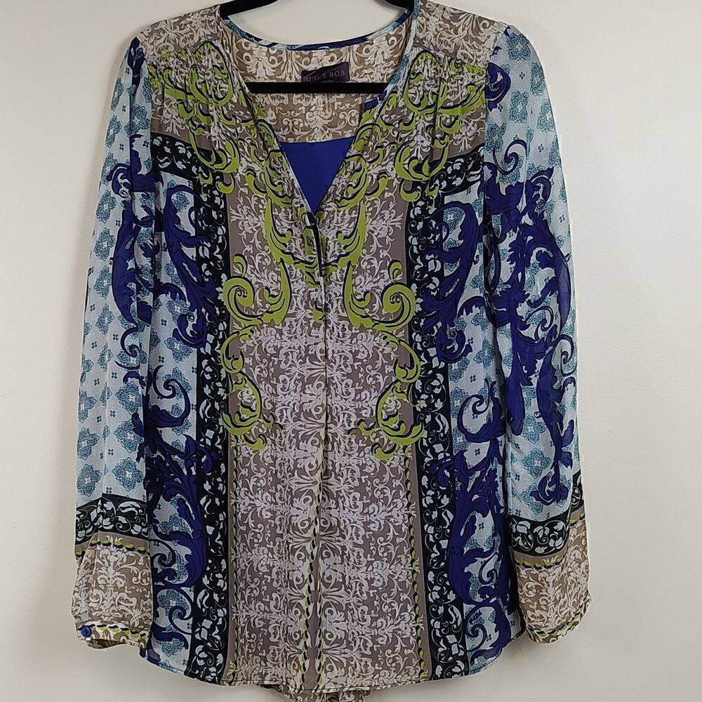 Hale Bob Long Sleeve Silk Tunic Blouse Top Size S